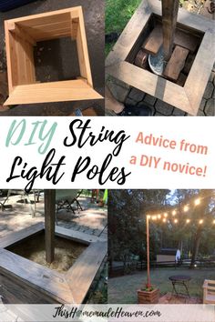 the diy string light poles are made from wood