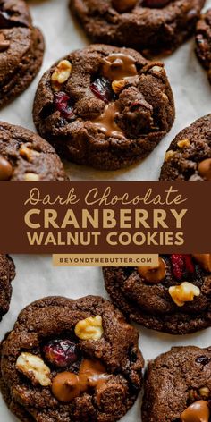 chocolate cranberry walnut cookies on a baking sheet with the words dark chocolate cranberry walnut cookies