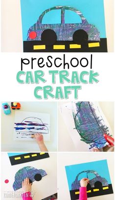 a collage of pictures showing how to make a car track craft with construction paper