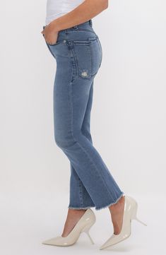 Subtle distressing and a split-pocket style bring edgy appeal to these straight-leg jeans made with stretch for all-day comfort and support. 24 1/2" inseam; 14" leg opening; 9 1/2" front rise; 13" back rise (size 4) Zip fly with button closure Five-pocket style 95% cotton, 4% elastomultiester, 1% elastane Machine wash, tumble dry Imported Black Owned/Founded Everyday Distressed Dark Wash Flare Jeans, Everyday Dark Wash Distressed Flare Jeans, Distressed Straight Denim Blue Jeans, Straight Distressed Denim Blue Jeans, Everyday Distressed Denim Blue Flare Jeans, Medium Wash Straight Cropped Jeans With Frayed Hem, Denim Blue Straight Flare Jeans With Frayed Hem, Straight Cropped Jeans With Frayed Hem In Medium Wash, Mid-rise Flare Jeans With Frayed Hem