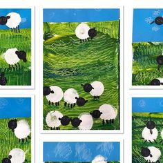 four pictures of sheep in the grass with blue sky and clouds behind them, all made out of paper