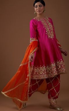 Dupion Silk Pink and Orange Suit with Gota work Short Anarkali Suits With Salwar, Embroidery Salwar Suits Design, Salwar Work Embroidery, Salwar Kurta Designs, Anarkali With Salwar, Pakistani Salwar Designs, Pleated Salwar, Pakistani Anarkali Suits, Short Anarkali