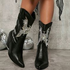 Black Faux Leather Rhinestone Detail Western Boots Slip-On Mid-Heel Point Toe Upper Material: Pu Leather Lining Material: Polyester Insole Material: Pu Leather Outsole Material: Rubber Leather Party Boots With Rhinestone Fringe, Party Leather Boots With Rhinestone Fringe, Winter Boots With Rhinestone Fringe, Leather Boots With Rhinestones For Party, Western Party Boots With Rhinestones, Western Style Party Boots With Rhinestones, Black Rhinestone Boots For Fall, Western Rhinestone Party Boots, Silver Leather Boots With Rhinestones