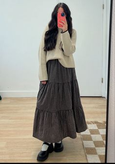 Black Gingham Dress Outfit Fall, Style Long Skirt Winter, Cozy Church Outfit Winter, Gingham Skirt Outfit Winter, Gingham Skirt Outfit Fall, Checkered Dress Outfit Winter, Black Gingham Dress Outfit, Winter Farmers Market Outfit, Big Sweater And Skirt Outfit