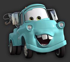 a cartoon character is smiling in the back of a blue truck with its mouth open