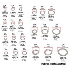 various sizes and shapes of stainless steel rings with measurements for each size, from 1 - 3 / 4 to 5 / 8 in