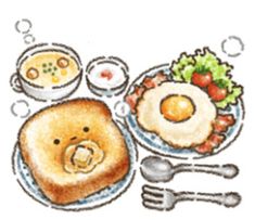 a drawing of breakfast with eggs, toast and fruit on a plate next to utensils