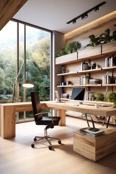 a home office with large windows and wooden shelves, along with a desk that has a computer on it