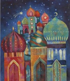 a painting of colorful buildings with stars and moon in the sky above them at night