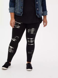 Our highly rated and expertly designed legging has a stretch waistband that holds you in with a tummy-smoothing effect. Featuring an edgy, shredded design with buffalo plaid underlays that lend an updated detailing to this classic wardrobe essential. High waist. Wide stretch waistband. Slashed underlay. Tapered leg. Opaque - never see through. CONTENT + CARE Cotton/spandex. Wash cold; dry low. Imported plus size leggings. SIZE + FIT Model is 5’8”, size 1. 27” full length inseam. The best plus si Classic Wardrobe Essentials, Velvet Shorts, Black Fishnets, Legging Fits, Cute Pants, Black Image, Fitted Wedding Dress, Classic Wardrobe, Best Leggings