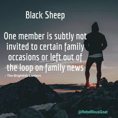 a man standing on top of a mountain with the words black sheep in front of him