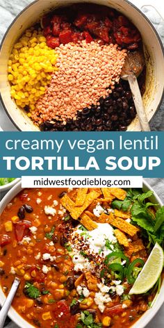 a bowl filled with tortilla soup and topped with sour cream, corn, black beans