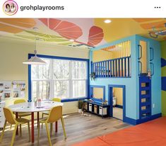 a child's playroom with bunk beds, table and chairs in the room