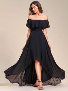 Elegant Chiffon High-Low Off The Shoulder Bridesmaid Dress #color_Black Off The Shoulder Bridesmaid Dress, High Low Bridesmaid Dresses, Black Bridesmaid Dresses, High Low Skirt, Chiffon Bridesmaid Dress, Bridesmaid Gown, Versatile Dresses, Chiffon Bridesmaid, Chiffon Fabric