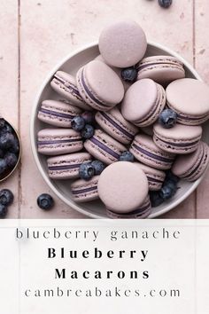 blueberry macarons in a white bowl. Blueberry Ganache, Blueberry Pop Tarts, Blueberry Macarons, Macaroon Filling, Cambrea Bakes, French Macarons Recipe, Macaron Filling, Ganache Filling