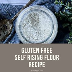 gluten free self rising flour recipe in a glass bowl on a blue towel