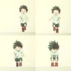 four different images of a young boy with short hair and green eyes wearing red boots