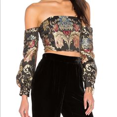 Off The Shoulder Floral Crop Top From Lpa Size Xs Never Worn Elegant Fitted Baroque Print Tops, Bohemian Fitted Evening Tops, Black Floral Print Crop Top For Party, Fitted Floral Print Tops For Festive Occasions, Elegant Fitted Crop Top For Festivals, Fitted Elegant Crop Top For Festivals, Floral Crop Tops, Floral Top, Floral Tops