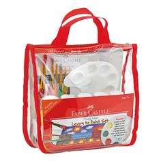 a clear bag filled with lots of crafting supplies like paint and crayons