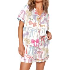 PRICES MAY VARY. Material & Fabric: This cute bow pajama set is crafted from 100% polyester with a luxurious satin silk finish, ensuring a soft and smooth feel against the skin, making it perfect for comfortable summer loungewear or sleepwear. Design & Features: The top showcases a stylish short sleeve design with a lapel notch collar and V-neck, complemented by a button-down front and a single pocket for added functionality. Meanwhile, the bottoms feature an elastic high-waisted design with wid Loungewear Outfit, Summer Sleepwear, Satin Pajama Set, Satin Pajama, Long Coat Women, Button Down Short Sleeve, Sleeveless Long Dress, Womens Knit Dresses, Nightwear Women