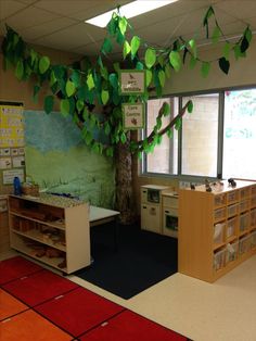 a classroom with lots of bookshelves, desks and a tree hanging from the ceiling