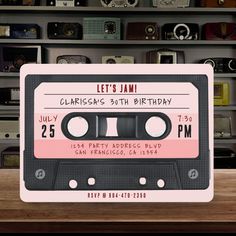 a pink and black cassetter birthday card with the words let's jam on it