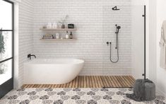 a bathroom with a white brick wall and wooden flooring that matches the bathtub