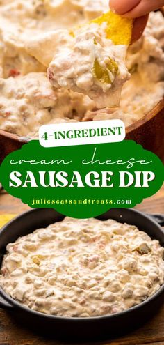 This Cream Cheese Sausage Dip is made with only four ingredients that you can make in the crockpot or stovetop! Creamy with a hint of spice, this homemade sausage dip is the perfect tailaget finger food or an easy tailgate snack! Cream Cheese Sausage Dip, Cheese Sausage Dip, Tailgate Snack, Sausage Cream Cheese Dip, Crockpot Snacks, Crockpot Party Food, Sausage Dip Recipe, Cheese Dip Crock Pot, Cream Cheese Sausage