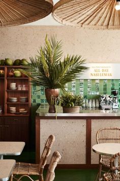 the interior of a restaurant with wicker chairs and plants in pots on the counter