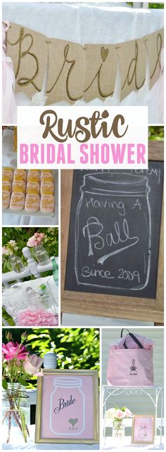 a collage of photos with the words rustic bridal shower written in chalk on it