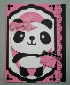 a panda bear card with a pink bow on it's head and the words happy birthday