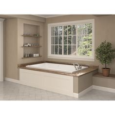 a bathroom with a large bathtub and shelves on the wall, along with a potted plant