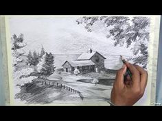 a drawing of a farm house with trees in the foreground and a person holding a pen