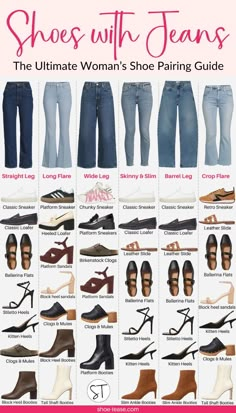 If you're needing to find the right jeans and shoes pairings for women, you've come to the right place! Get all the fashion styling inspiration of boots, heels and shoes to wear with jeans of all styles. From wide leg jeans, to skinny jeans, to barrel leg jeans, cropped and long and shoes for straight leg jeans and all the styles in between! Shoes For Straight Leg Jeans, Outfits With Wide Leg Jeans, Barrel Leg Jeans, Jeans With Heels, Shoes Outfit Fashion, Best Shoes, Wardrobe Outfits