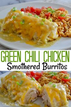 green chili chicken smothered burritos on a plate with rice and vegetables