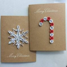 two christmas cards, one with a snowflake and the other decorated with buttons