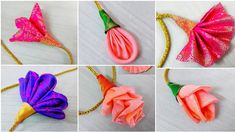 four pictures of different flowers made from fabric and gold chains, including one with a flower on it