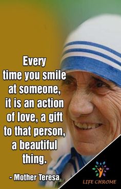 an older woman with a blue and white hat smiles at the camera while she has a quote from mother teresa