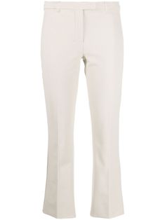 light beige cotton blend mid-rise belt loops concealed front fastening cropped leg Beige Cropped Leg Pants For Work, Cream Cropped Leg Workwear Bottoms, Cream Cropped Leg Bottoms For Work, Mid-rise Neutral Workwear Pants, Mid-rise Neutral Pants For Work, Neutral Mid-rise Pants For Workwear, Cream Mid-rise Pants For Work, Mid-rise Cream Pants For Workwear, Versace Outfit