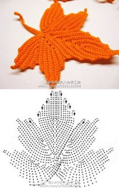 an orange crocheted leaf is shown next to another photo with the same pattern on it