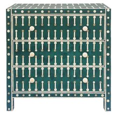 a green and white cabinet with metal studding on the front, two doors and three drawers