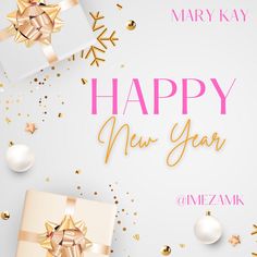 happy new year greeting card with gift boxes and gold bows on white background, merry christmas