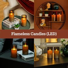 candles are arranged on the shelves in this collage with text that reads flameless candles led