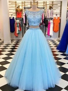 Blue A Line Round Neck Two Pieces Beading Tulle Long Prom Dresses, Two Pieces Blue Formal Dresses, Blue Evening Dresses Short Sleeve Prom Dresses, Two Piece Prom, Blue Prom Dress, Color Celeste, Tulle Evening Dress, Marine Uniform, Blue Dress Formal, Beaded Tulle, Blue Evening Dresses