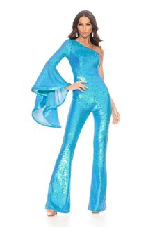 Ashley Lauren 11047 Be bold in this sequin one shoulder jumpsuit with long bell sleeve. This jumpsuit would be perfect for your next pageant or special formal event and gives us some major 70's vibes!  Colors  Neon Blue, AB Ivory, Neon Orange, Neon Pink  Sizes  0, 2, 4, 6, 8, 10, 12, 14, 16,  Jumpsuit One Shoulder Sequin Bell Sleeve Exposed Zipper One Shoulder Jumpsuits For Party, Glamorous One-shoulder Jumpsuit For Party Season, Glamorous One-shoulder Jumpsuits And Rompers For Party, Glamorous One-shoulder Fitted Jumpsuits And Rompers, Glamorous Off-shoulder Jumpsuits And Rompers For Party, Sequin Jumpsuits For Costume Party, Sequined Jumpsuits For Costume Parties, Sequin Jumpsuits And Rompers For Costume Party, Look 80s