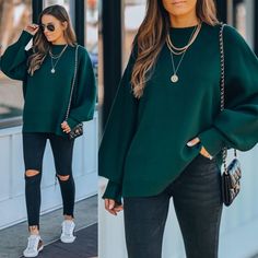 VICIDOLLS on Instagram: “POP OF COLOR // SWEATER WEATHER Lexa Knit Sweater - Hunter Green $68⁠ Also Available in Black & Off White⁠ Sizes S – L ⁠ The classic…” Green Sweater Winter Outfit, Forest Green Outfits Female, Forest Green Sweater Outfit, Hunter Green Sweater Outfit, Green Sweater Outfit Winter, Hunter Green Outfit, Green Sweater Outfit, Crew Neck Sweater Outfit