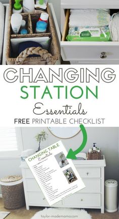 the changing station essentials printable checklist is shown in green and white with text that reads, changing station essentials free printable checklist