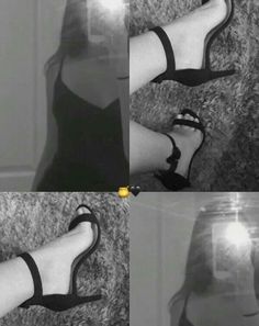 four different shots of woman's legs and shoes with light shining through the window