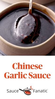 the sauce is being spooned in to a bowl full of soup with text overlay that reads chinese garlic sauce