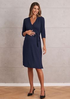 Classic Maternity Wrap Dress in Navy - Nursing Friendly – Angel Maternity USA Feeding Dresses, Baby Baker, Maternity Cardigan, Maternity Wrap Dress, Nursing Friendly, The Angel, Navy Women, An Angel, Pregnant Women